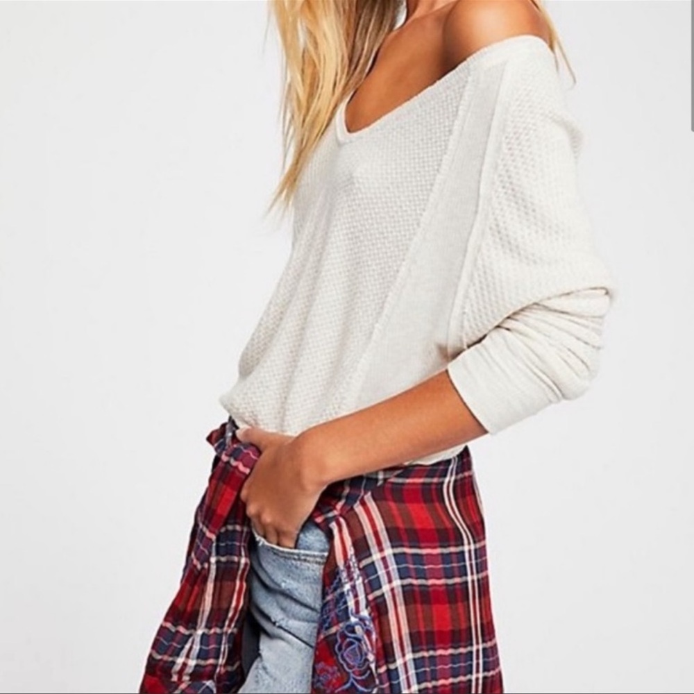 Free People Catalina Slouchy Oversized Thermal V-neck Long Sleeve Top Color Gray